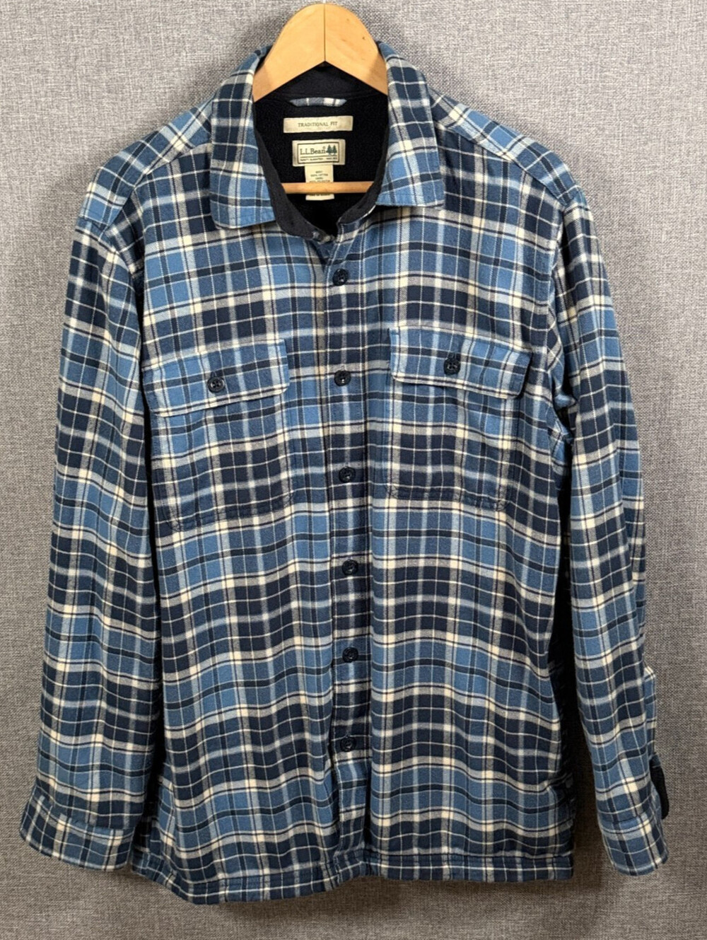 L.L. Bean Men's Shirt Jacket Fleece Lined Size M Blue Plaid Traditional Fit